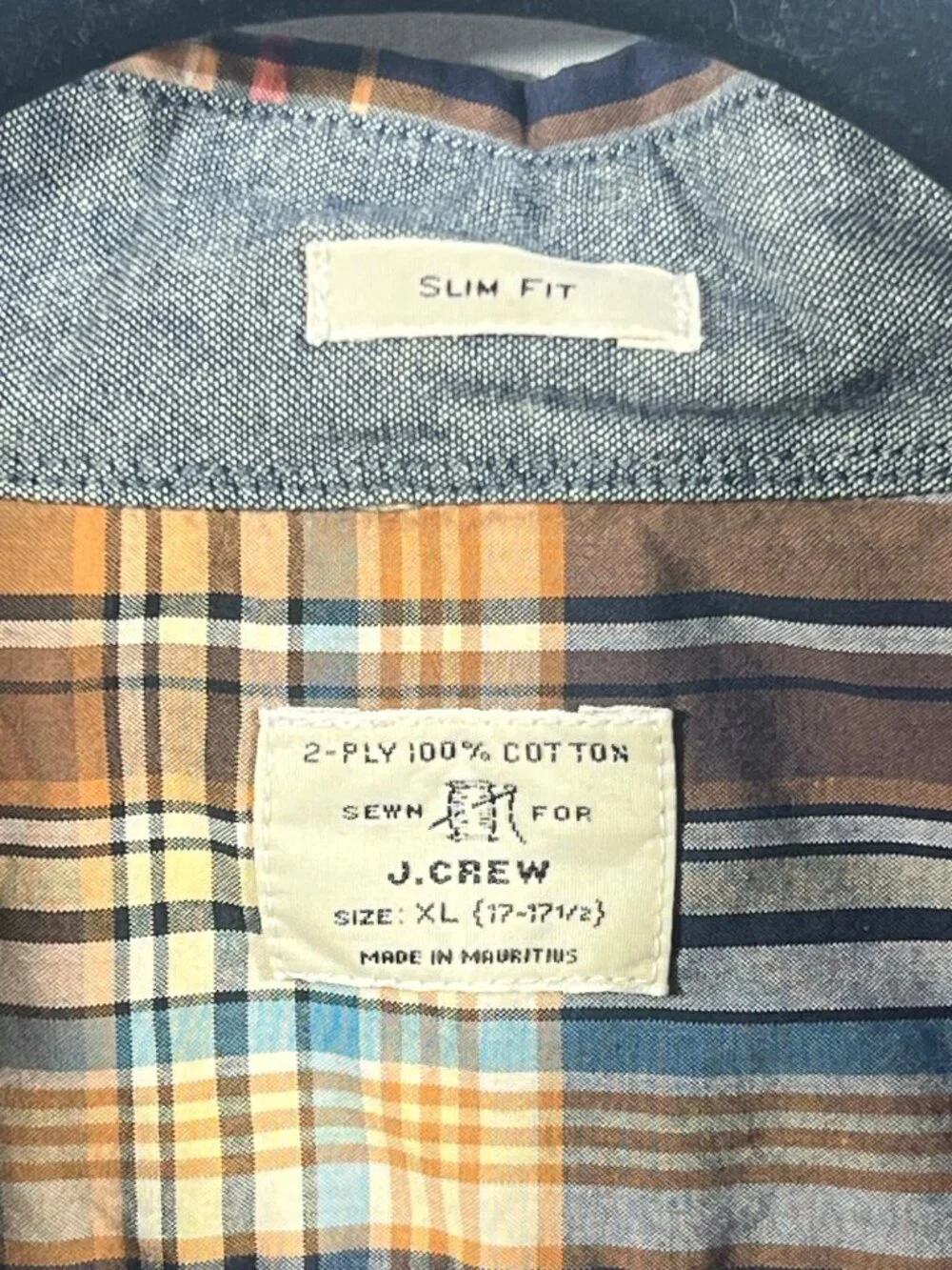 J Crew Shirt Mens Casual Button Down Shirt 2 Ply Cotton XL Slim Fit Plaid Preppy